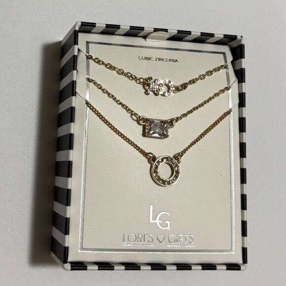 3pc Loris Gift Necklace Dainty Simple Gold Rhinestone Sparkly Set - Picture 1 of 3